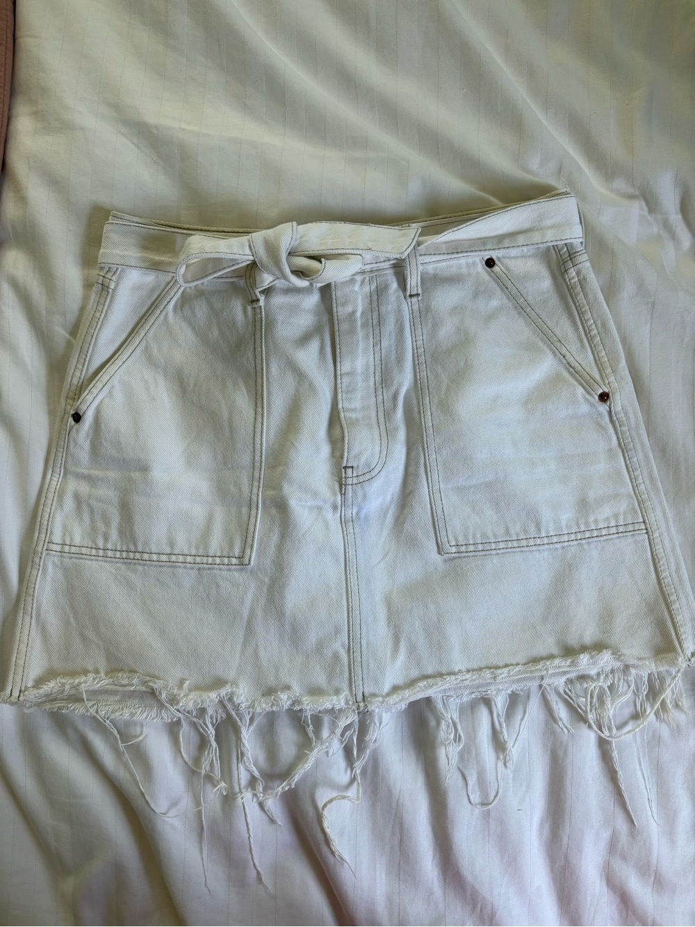 Abercrombie and Fitch White Denim Mini Skirt with Frayed Hem